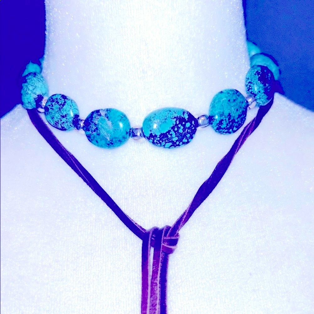 🧿NWOT Turquoise Choker/Necklace Sterling Silver Beads/Brown Leather Cord🧿